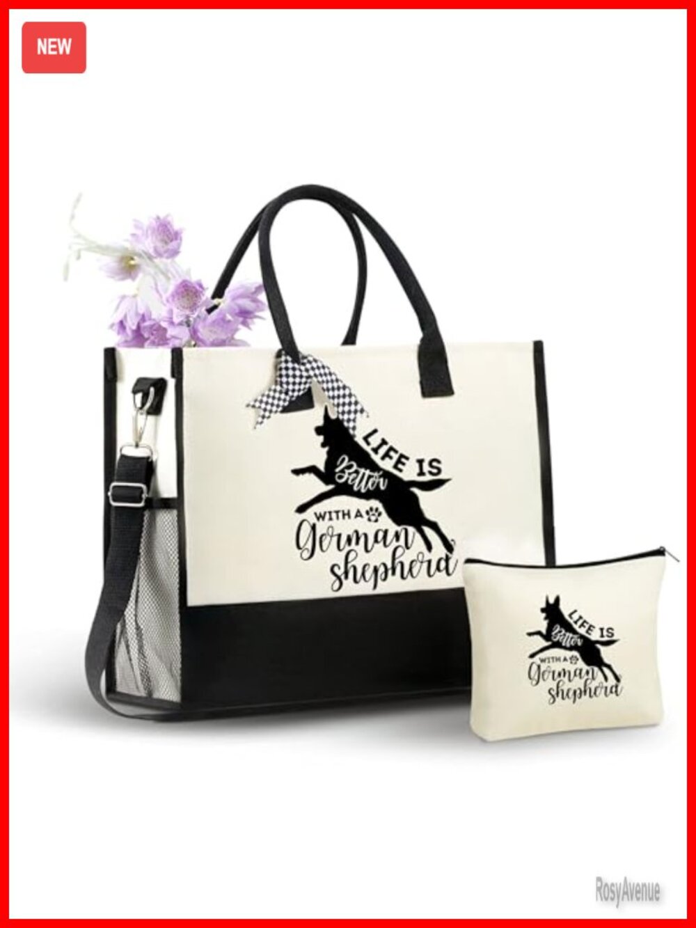 Canvas Tote Bag Set with Makeup Pouch Zipper Top Shoulder Strap